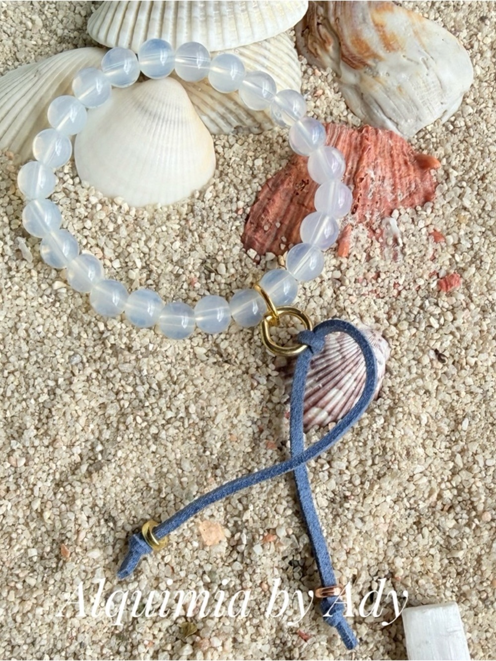 MOONSTONE Translucent White Bead Bracelet with Shell Charm and Blue Suede Tie